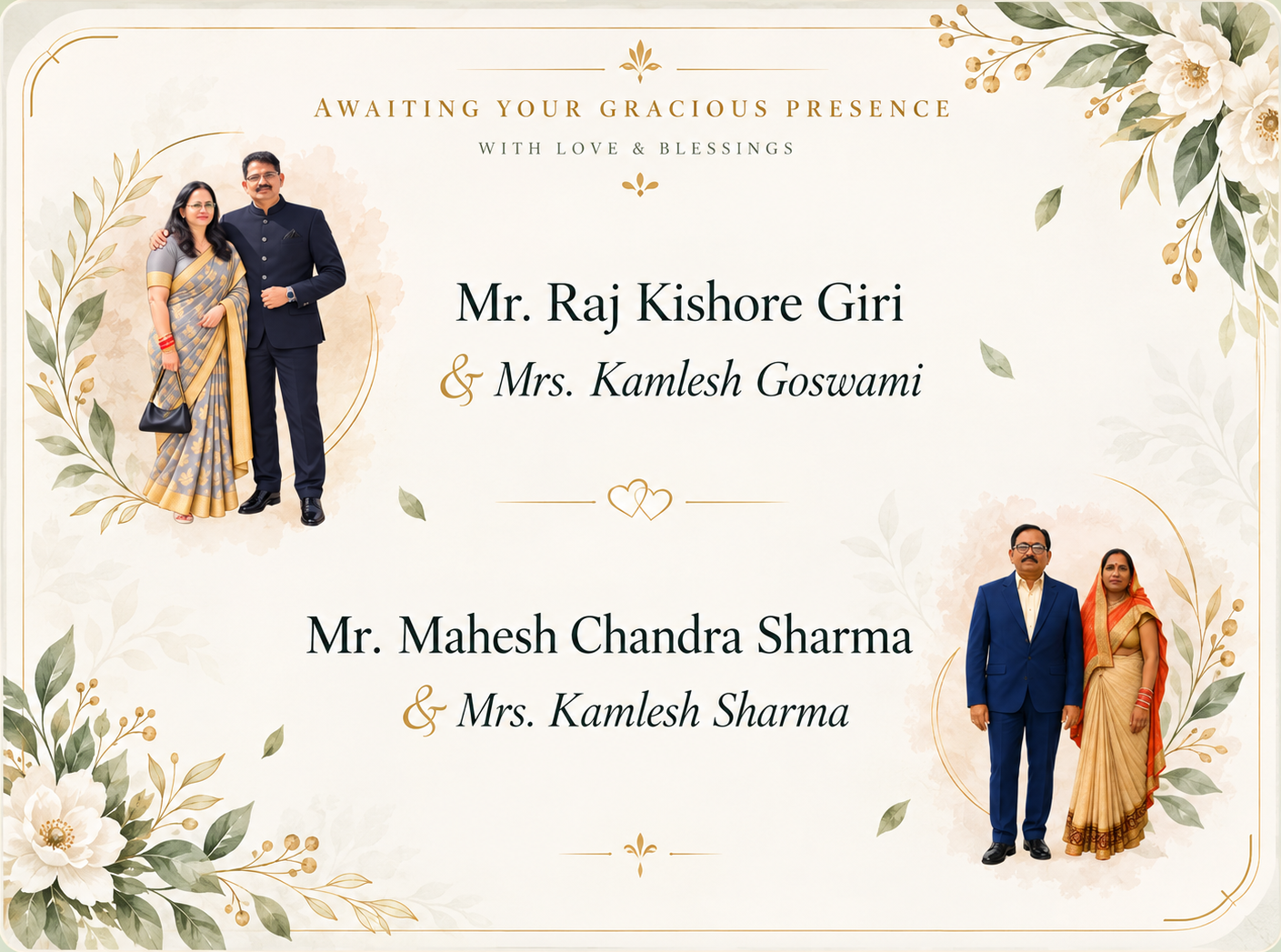 Awaiting your gracious presence โ Mr. Raj Kishore Giri & Mrs. Kamlesh Goswami, Mr. Mahesh Chandra Sharma & Mrs. Kamlesh Sharma